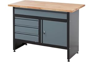 BiGDUG Garage Workbench Drawer Cabinet - Workshop Storage Workstation - 842H x 1200W x 600D mm - 4x Drawer & 1 Door Cupboard - Black/Grey