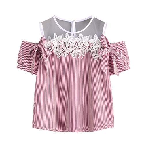 Preisvergleich Produktbild DOLDOA Frauen Kurzschluss Hülse weg Schulter Spitze gestreiften Blusen beiläufigen Oberseiten T-Shirt (Größe: 48 Fehlschlag: 112cm / 44.10 ", Pink)