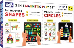 Jam & Honey 2 Magnetic Games in 1 Play Set with 58 Magnetic Shapes, 250 Circle Magnets, 2 Magnetic Boards, 300 Design Booklet, 2 Display Stands