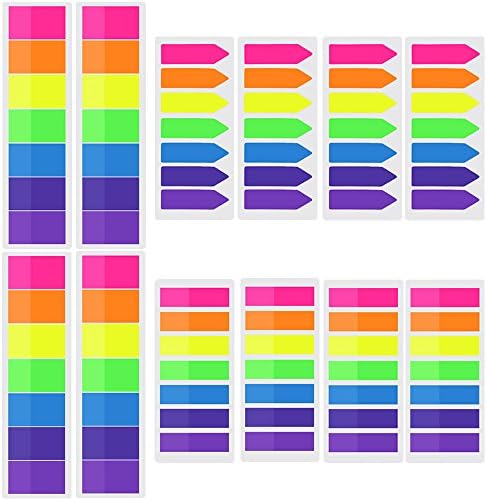 JUSLIN 12 Sets of 1680pcs Neon Colorful Sticky Notes Index Tabs Fluorescent Page Markers, 7 Colors