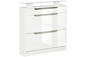 HOMCOM Mueble Zapatero de 2 Puertas Zapatero Estrecho para 16 Pares de Zapatos con Cajón Estante Abierto y Encimera de Vidrio para Pasillo Entrada 89x23x96 cm Blanco