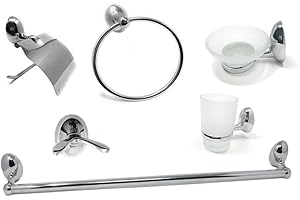 VETRINE INRETE Vetrineinrete® Set Bagno Moderno in Acciaio Cromato e Vetro Satinato 6 Pezzi Accessori Bagno portasaponetta portarotolo spazzolini Asciugamano 52918 P59