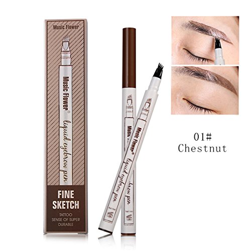 Tattoo Eyebrow Pen with Four Tips, GreeStore Long-lasting Waterproof Brow Gel Fine Eyebrow Pencil, Smudge-proof Super Durable Eye Brow Make up Pencil Beauty Tools, Chestnut/Dark Brown