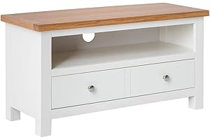 ROSELANDFURNITURE Farrow White Small TV Unit for Living Room | Roseland Furniture Fully Assembled 90 cm Painted Solid Wood Television Cabinet Stand with Oak Top Suitable for TVs up to 40 inches