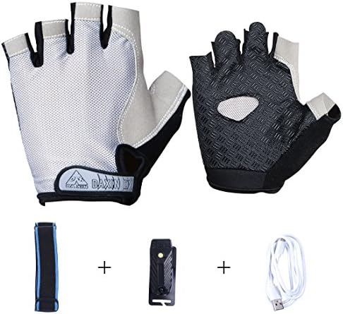 Cycling Gloves, Aomeiqi Bike Fingerless Gloves with MINI Cycling LED Lights USB Rechargeable and a Headband, Anti-slip Shock-absorbing Gel Pad Suitable for Cycling Mountaineering Climbing, Black/ Gray (M)