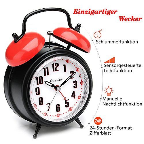 DreamSky Doppelglockenwecker mit sensorgesteuerter Lichtfunktion, Nachtlicht und Schlummerfunktion, 4 Zoll großes Zifferblatt, Analog Quarzwecker mit lautem Alarm, kein Ticken, geräuschlos, Batteriebetrieben, Schwarz&Rot - 2