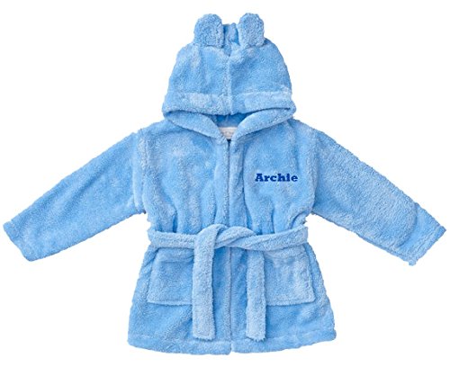 Embroidered Personalised Soft Baby Blue Dressing Gown Bath Robe with Teddy EARS 6-12 Months
