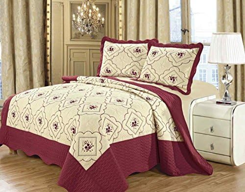 3 Piece Polycotton Floral Embroidered Quilted Bedspread Comforter Throw - Single Double King Size (Single Bed, Burgundy)