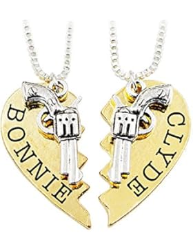 2 ST Bonnie & Clyde Halskette Gold Silber Pistole Herz Beste Freunde Freundschaftskette Partnerkette