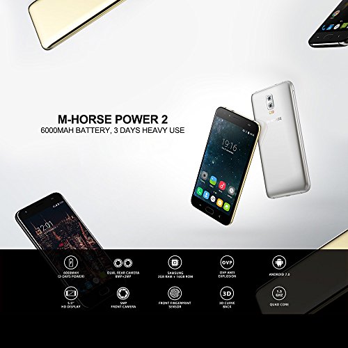 M-HORSE Power 2 Smartphone 4G LTE Ohne Vertrag mit 6000 mah akku, 5,5-Zoll-IPS-Bildschirm, Dual RÃ¼ckkamera, Dual SIM, Android 7.0, 2GB RAM + 16 GB ROM, Bluetooth 5.0,GPS, WiFi (Gold)