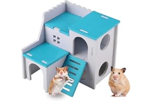 WishLotus Wooden Hamster House, Small Animal Hideout Hamster House with Funny Climbing Ladder Exercise Toys DIY 2 Layers Hut for Dwarf Hamster, Chinchilla, Rat, Gerbil
