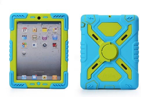 Hot Newest iPad Mini 1 &amp; 2 Silicone Plastic Kid Proof Extreme Duty Dual Protective Back Cover Case with Kickstand and Sticker for Apple iPad Mini &amp; iPad Mini with Retina Display - Rainproof Sandproof Dust-proof Shockproof (Blue/Green)
