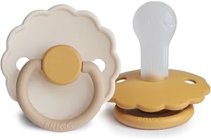 FRIGG Daisy silikonowy smoczek, 2 sztuki, symetryczny smoczek w kształcie wiśni, nie zawiera BPA, wyprodukowano w Danii, silikonowy smoczek, (Chamomile/Honey Gold, rozmiar 2 (6-18 miesięcy))
