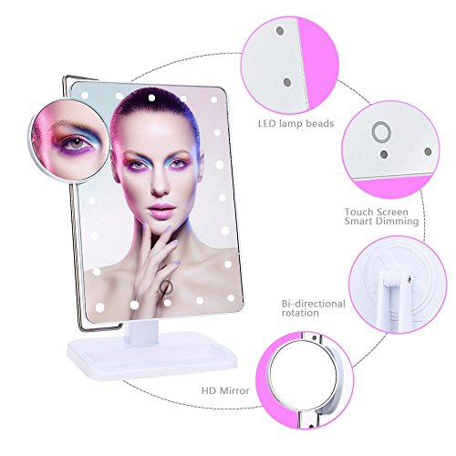 20 Dimmbare LED Make-up Spiegel, Touch Screen Dimmen Kompakt Spiegel mit Beweglichen 10X Vergrößerung Spot, Bidirektionaler Schwenkbeleuchtung Kosmetikspiegel, Eitelkeitsspiegel Rasierspiegel für Make up, Dressing, Pflegen, Zahnseide (Weiß) - 2