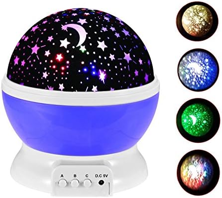 Wawoo Star Moon Sky 360 Rotating Round Night Light Projector Lamp, 4 Led Beeds 3 Model Mood Light, USB/Battery Powered Romantic Home Decoration Lamp Great for Nursery Bedroom Children Room Christmas