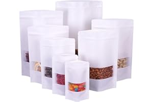 GOZMY Bolsas Kraft Con Ventana y Zip - Para Frutos Secos, Dulces, Granos de Café, Hojas de Té - Blanco 10x15cm 100 Piezas