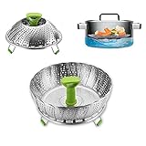 【Constructura única ,útil y diseño plegable】: Diámetro expandible hasta 11 pulgadas. Es ajustable para cacerolas o sartenes varisized. Se abre como un bonito nenúfar para recoger mucha comida y se cierra para compactarse y ahorrar espacio de almacenamiento. Enjuague cualquier comida en segundos. Toneladas de perforaciones circulares hacen que el vapor pase, y probarás una comida nutritiva al instante. Adopta material de PP de primera calidad, la empuñadura está aislada térmicamente.