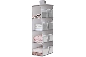XiXiRan Organizador de Armario Colgante, Estantería Colgante de Tela, con 4 Niveles y 12 Bolsillos, Ahorro de Espacio y Plegable, Estante de Tela para Armario para Ropa, Toallas, Ropa Interior (Gris)