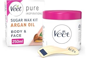 Veet Argan Oil Hot Wax Kit 250 ml - Sugar Hair Removal, Warm Facial Remover with Strips, Dermatologist-Tested Solution for Smooth Skin