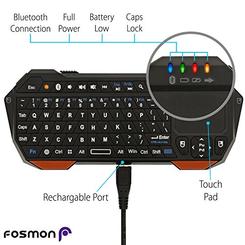 Fosmon Mini drahtlose Bluetooth-Tastatur mit Touchpad, Portable Leichtbau mini drahtloser keyboard Controller für Apple iPhone 7/6s/6s Plus/SE/5S, Samsung Galaxy S7/S7 Edge Android / Windows Smartphones, Tablette, PS3 / PS4, Laptop, Notebook und andere (Schwarz / Orange) - 3