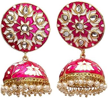 Enhara Jewels Pink Ethnic Rose Cut Jhumka Dangle Earrings, Enamelled Indian Earrings, Boho Gypsy Statement Earrings