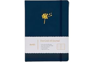 Yop & Tom A5 Dot Grid Journal - Dandelion - With Hardback Vegan Leather Cover and Extra Thick (160 GSM) Paper - Midnight Blue