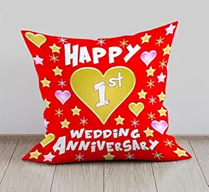 DreamVio Happy 1st Anniversary Cushion, Gift Cushion for Husband, Wife,Couples, Friends on Birthdays & Anniversaries Color : Red (12 x 12 inch)
