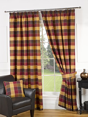 Kliving 90 X 90-Inch 60% Polyester 30% Cotton 10% Other Windsor Check Pencil Pleat Curtains, Wine