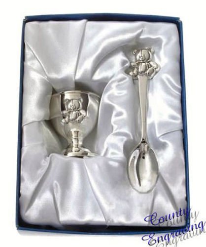 Personalised Silver Plated Teddy Egg Cup and Spoon Set ENGRAVED FREE