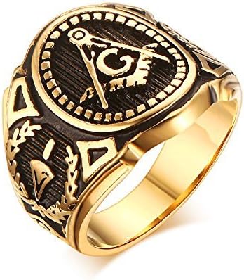 Stainless Steel Gold Plated Vintage Freemason Symbol Masonic Rings Bands for Men