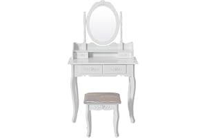 COLORSTONE Vanity Table Set,Makeup Table with Oval Mirror & Stool, Bedroom Wood Dressing Table with 4 Drawers (White)