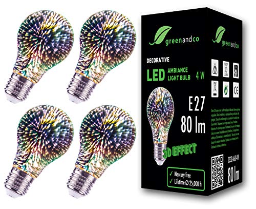 4x greenandco® Ampoule LED avec effet feu d'artifice 3D pour un éclairage d'ambiance décoratif E27 A60 4W 80lm 360° 230V aucun scintillement, non-gradable