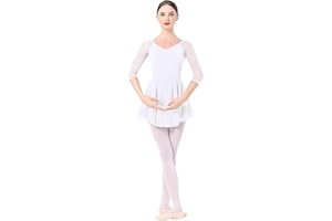 ABEHIK Robe de Ballet Col en V pour Femme Leotard à Manches 3/4 Robe en Mousseline Robe de Danse Costume de Gymnastique Bodysuit