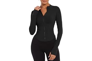 Yutdeng Damska kurtka sportowa z zamkiem błyskawicznym Fitness T-shirt do jogi bieganie siłownia z długim rękawem slim fit krótki top z otworami na kciuki