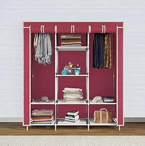 Lukzer 6 + 2 Fancy Wardrobe Collapsible Closet Space Saving Storage Clothes, Toys Organizer 8 Shelves DIY Rack for Bedroom, Hostel, Hotel, Garment Shops - Easy to Assemble (Wine Red / 130 x 45 x 175)