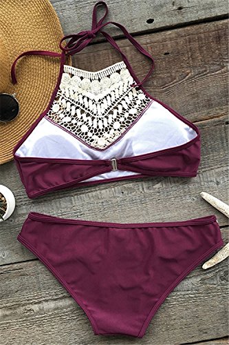 Outgobuy Fashion Women’s Lace Splicing Halter Padding Sexy Tank Bikini Set - 4