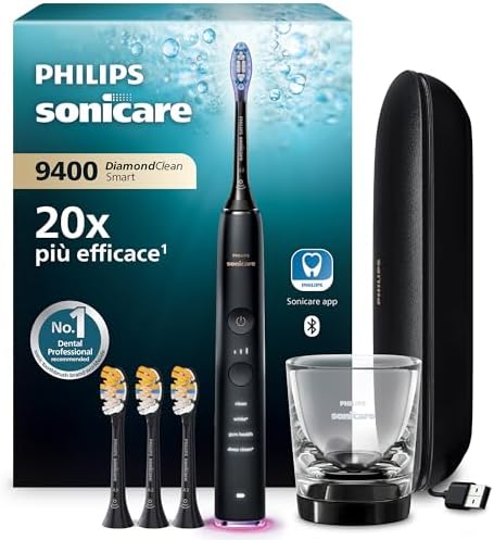 Philips Sonicare DiamondClean Smart 9400 spazzolino elettrico, spazzolino sonico con app, sensore di pressione, 4 modalità di spazzolamento e 3 livelli di intensità, nero, modello HX9918/89