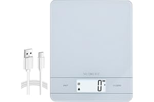 NUTRI FIT Báscula de cocina digital recargable, báscula de alimentos con carga USB-C para cocinar y hornear, plataforma de pesaje de vidrio templado ancha, LCD retroiluminado, 11 lb/5 kg, Blanca