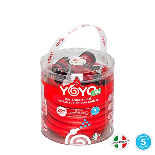 YOYO 20 m, der robuste und leichte, flexible Gartenschlauch, der sich von 10 auf 20 Meter ausdehnt und mit Bewässerungspistole und Aquastop-Schnellkupplungen ausgestattet ist. Verpackung und Anleitung auf Deutsch. Vielseitig einsetzbar zuhause und auf Reisen. YOYO, der rote flexible Gartenschlauch von FITT aus Italien - 2