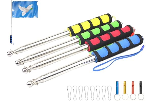 Kellegour 4 PCS Mât de Drapeau Télescopique en Acier Inoxydable,Mât Télescopique Drapeau 2M,Mât de Drapeau Portable,avec 8 mousquetons,4 Sifflet,pour Camping,Compétitions,Professeurs,Guide Touristique