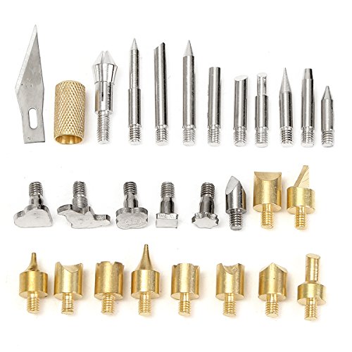 28PCS Brandmalerei Lötkolben Set, GOCHANGE Brandmalkolben 15 x Holz Brennen, 10 x Löten Tipps, 2 x Schablonen, 1 x Schneidmesser mit Metall Spannzange für Pyrographie, Carving - 3