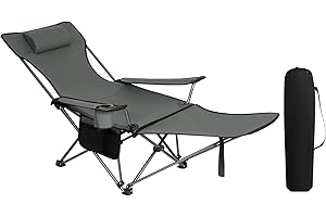 WOLTU Silla Camping Plegable, Tumbona Camping Portátil con Portavasos, Reposacabezas y Bolsa Lateral, Marco de Acero, Carga Máxima 150 kg, para Picnic, Playa, Jardín, Pesca, Gris