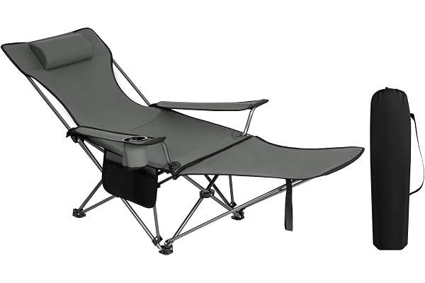 WOLTU Chaise de Camping Pliante, Fauteuil de Pêche avec Repose-Pied et Appui-tête Amovible, Sac de Transport, pour Activités en Plein Air, Gris