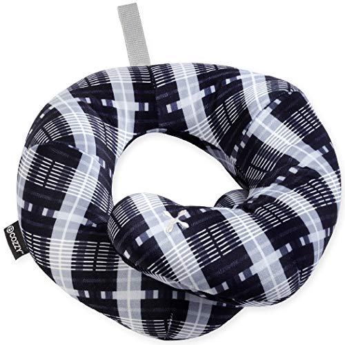 BCOZZY Cuscino da Viaggio con Supporto per Il Collo e Il Mento, Regolabile in 3 Modi. Taglia per Adulto. Scozzese Nero/Bianco