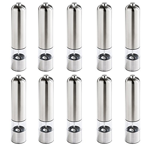 TecTake Elektrische Edelstahl Salzmühle Pfeffermühle Gewürz Mühle mit Lampe und Keramik Mahlwerk - diverse Mengen - (10 Stück | Nr. 401782)