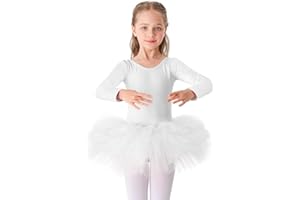 Bezioner Dziewczęca sukienka baletowa tutu, bawełna, trykot do tańca, ze spódnicą, długi rękaw, strój baleriny, biały, 110