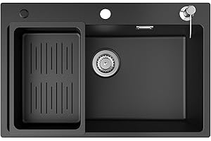 CECIPA Lavandino Cucina Nero 70x45 cm, Lavello Cucina 1 vasca in Granito con Dispenser per Sapone e Cestello di Scarico, Incasso al mobile 80cm, con Sifone