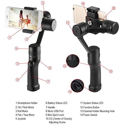 LESHP 3-Achsen-Handheld Gimbal Stabilisator FÃ¼r Smartphone wie iPhone, Samsung,HUAWEI,GoPro fÃ¼r Wireless Control Vertikal schieÃŸen Panorama-Modus ,mit 2 StÃ¼ck extra Batterien