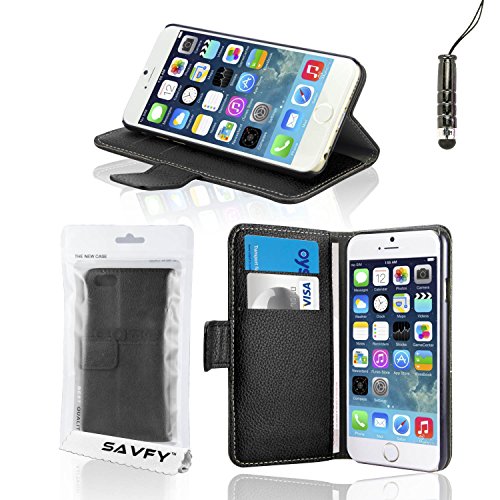 SAVFY iPhone 6 Case - Leather Case for Apple iPhone 6 4.7 Inch Flip Black Cover With [ Holder Support & ID Card Slot ] Magnetic PU Cover High Quality Pouch + Free Screen Protector & Stylus Touch Pen