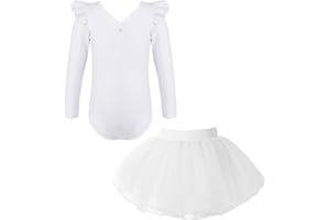 TiaoBug Traje de Ballet para Niñas Leotardo Manga Larga Maillot de Gimnasia Rítmica con Falda Tutú Sólido Vestido de Danza Clásico Disfraz de Bailarina 2-12 Años